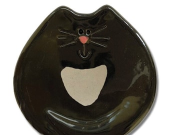 Customized black Tuxedo cat ornament, ceramic black tuxedo cat teabag holder, Black Tuxedo cat spoon rest. Handmade cat gift for cat mom.