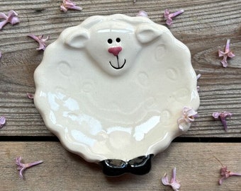 Sheep or lamb spoon rest, sheep teabag rest, sheep ring dish, sheep trinket dish, farmhouse decor, cute handmade ceramic sheep jewelry dish