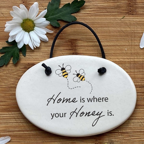 Home is where your honey is Plaque, Spoon rest, Ornament, Garden Stone, Beehive dish. These honey bee dishes and hangers are cute bee gifts.