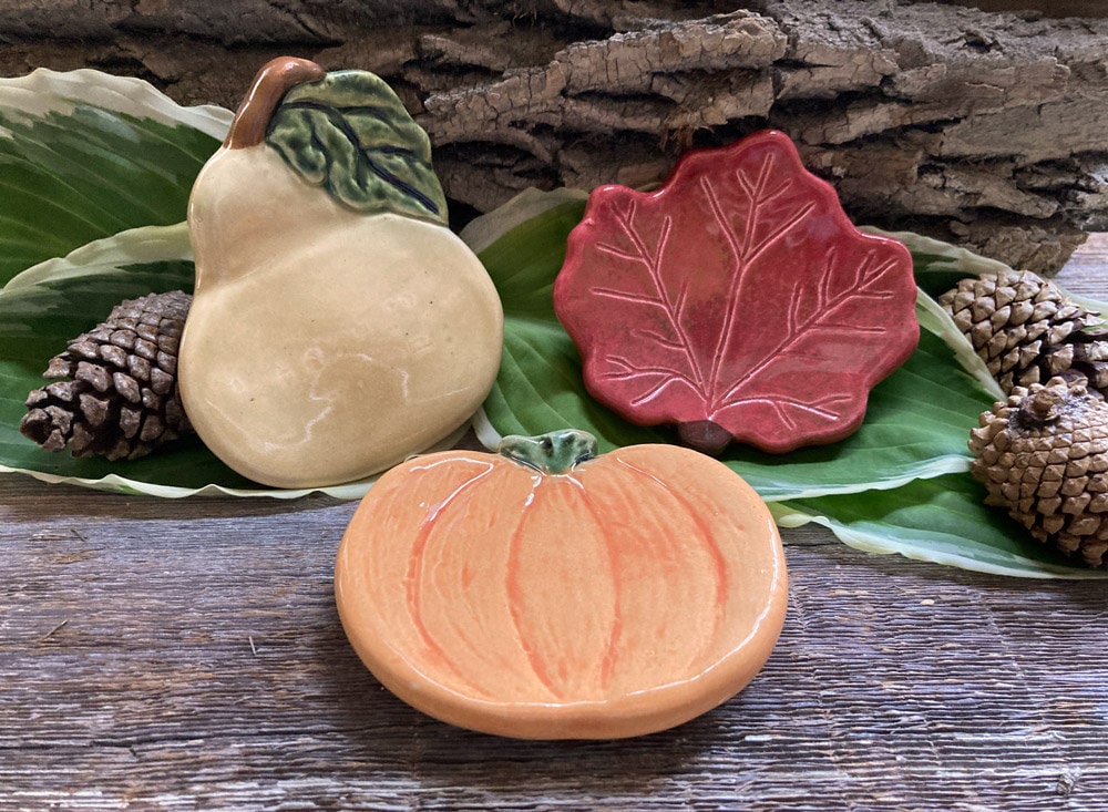 Fall themed dishes/ Handmade ceramic maple leaf, natural gourd + pumpkin dish/ Uses: teabag holder, coffee spoon rest, soap or jewelry dish