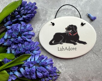 Labrador Retriever decor, black, chocolate, yellow lab plaque, dog lovers gift ideas, love my dog rock, "LabAdore"