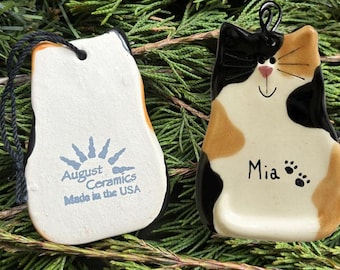 Personalized cat ornament, calico cat, spotted black and white cat, gray and white cat, orange and white cat. Happy Cat Christmas ornament