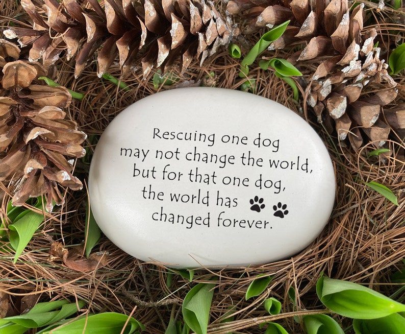 Rescuing one dog may not change the world but for that one dog the world has changed forever. Handmade ceramic garden stone by August Ceramics Gifts