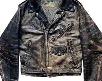 Original Rare Retro Vintage 50s Brent Sportsman/Montgomery Ward Heavy Distressed Horsehide Leather Motorcycle Jacket Made In USA