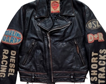 Original Rare Vintage 80s Diesel Leathers Flying Cougar Patched Motorcycle Racing Leather Jacket Made In Korea