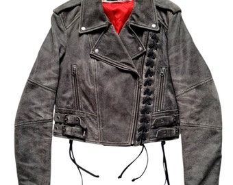 Original Rare 10s MCQ / Alexander Mcqueen Designer Lace Up Cropped Seude Leather Biker Jacket