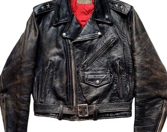 Original Rare Retro Vintage 50s Montgomery Ward/Windward Two Stars Cropped Motorcycle Leather Jacket Made In USA