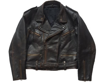 May include: A black leather motorcycle jacket with a zipper closure and multiple pockets. The jacket has a worn, distressed look.