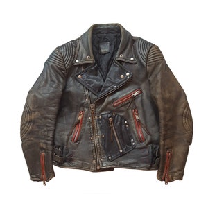 Original Rare Vintage 80s DTT WARMONGER Retro Style Military Type Distressed Leather Custom D Pocket Motorcycle Jacket