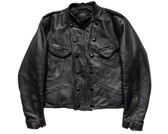May include: A black leather jacket with a stand-up collar, multiple pockets, and a button-up front.