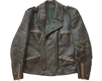 Original Rare Retro Vintage 50s German Type Military Style Half Belted Motorcycle Distressed Horsehide Leather Jacket