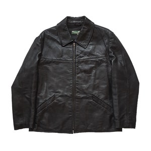 May include: A black leather jacket with a zipper closure and a collar. The jacket has two pockets on the front.