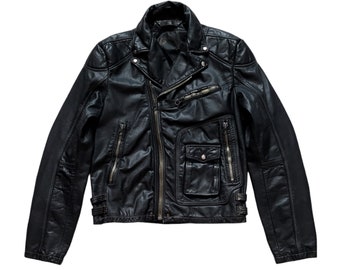 May include: Black leather biker jacket with zipped pockets and a silver zip fastening.