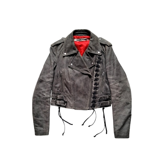 Original Rare 10s MCQ / Alexander Mcqueen Designer Lace Up Cropped Seude Leather Biker Jacket