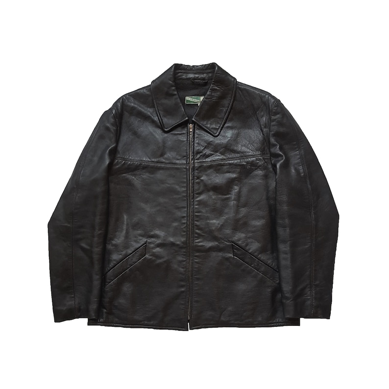 May include: A black leather jacket with a zipper closure and a collar. The jacket has two pockets on the front.