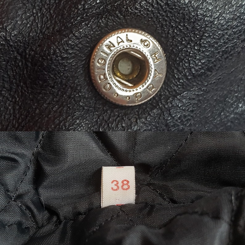 May include: Close-up of a black leather jacket with a silver button that says "Original by" and a size tag that says "38".