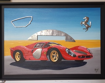 Acrylic painting and tin elements, of a Ferrari P4