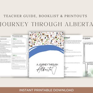 Puede incluir: Un conjunto de materiales educativos imprimibles titulados "Journey Through Alberta". Los materiales incluyen una guía para el profesor, una lista de libros e impresiones. El documento central presenta un diseño de onda azul y el texto "A Journey Through Alberta."