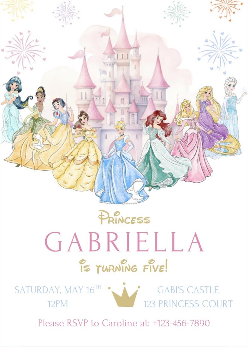 Puede incluir: Una invitaci&oacute;n con tem&aacute;tica de princesas con ilustraciones de acuarela de princesas con vestidos coloridos, un castillo rosa y fuegos artificiales. El texto dice "&iexcl;La princesa Gabriella cumple cinco a&ntilde;os!" con detalles del evento.