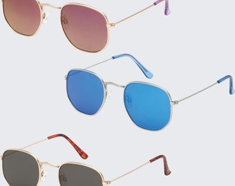 Kleiner Gold rahmen Metall Sonnenbrille Rund objektiv verstellbar Nasenstück Pink Braun Rauch oder blauer Spiegel - Festival Casual Unisex Everyday Style