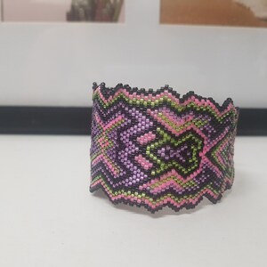 Woven Miyki Glass Beads Aztec Themed Pink Purple Green Black Cuff Bracelet with Toggle Hook Gift Idea