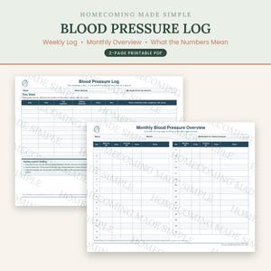 May include: A two-page printable blood pressure log featuring a weekly log and a monthly overview. The document includes fields for name, date, time, systolic and diastolic readings, pulse, and notes, with the text HOMECOMING MADE SIMPLE.