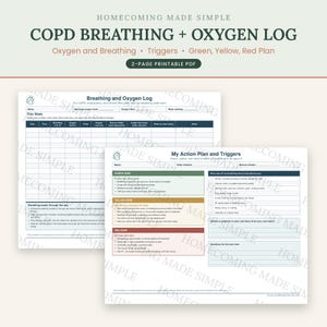 Puede incluir: Un documento PDF imprimible de dos páginas titulado COPD Breathing + Oxygen Log. Incluye un registro para el seguimiento de la respiración diaria, niveles de oxígeno y desencadenantes, además de un plan de acción con zonas verde, amarilla y roja.