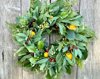 Couronne de verdure, couronne de petits fruits, couronne de petits fruits de printemps, couronne de citron, couronne de porte d'été, couronne de porte d'entrée citron, couronne de porte d'entrée