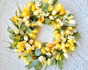 Couronne de tulipes jaunes, couronne de tulipes, couronne de printemps pour porte d'entrée, couronne de fleurs de printemps, décoration de printemps, cadeau de fête des mères, couronne de printemps