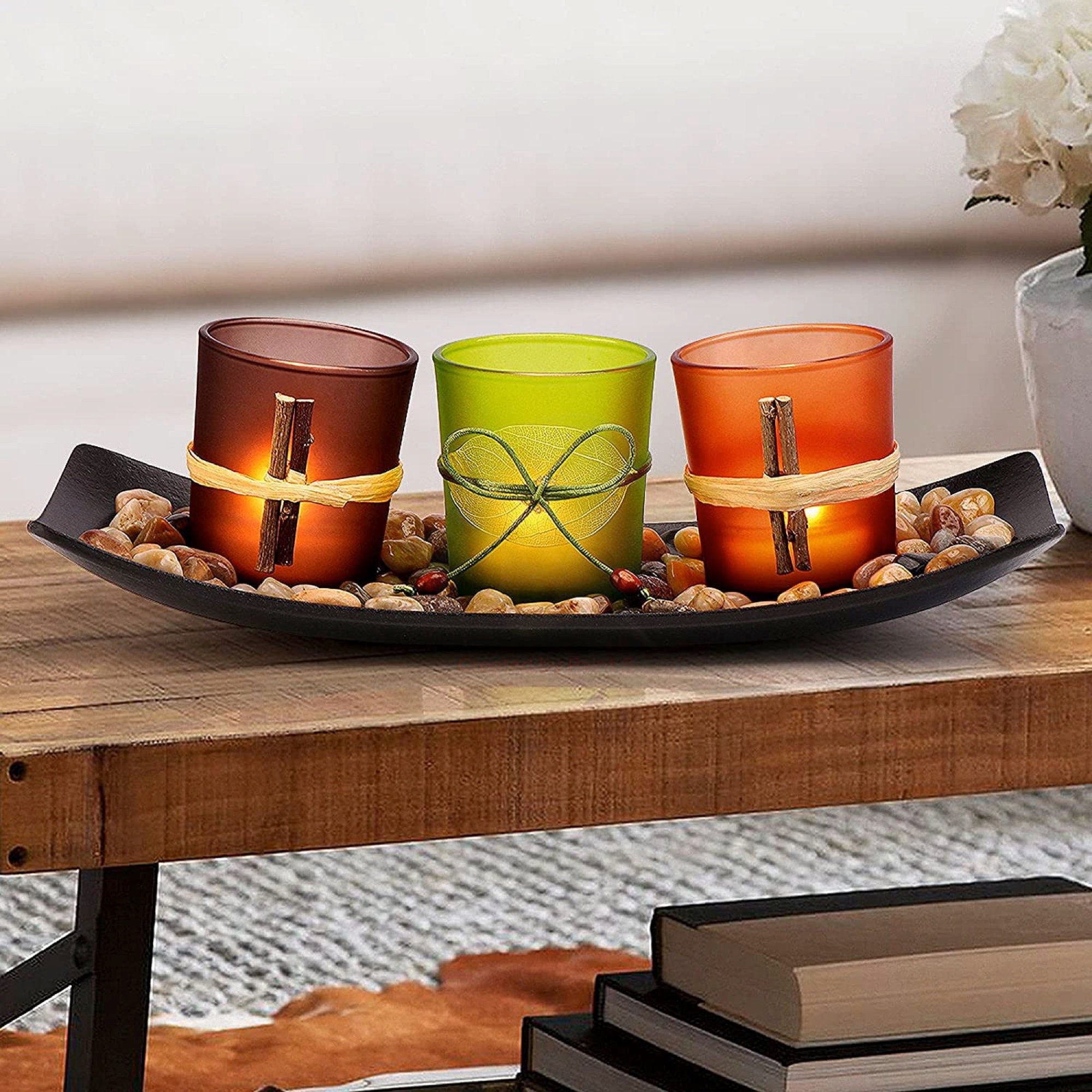 Set of 3 Candles Holders With Rocks and Tray Best Gift Set Etsy