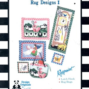 May include: A craft pattern booklet titled The Real Mother Goose Rug Designs I featuring latch hook and rag rug projects. The cover displays colorful needlepoint illustrations of nursery rhyme characters, including sheep, a clock, and a cat.