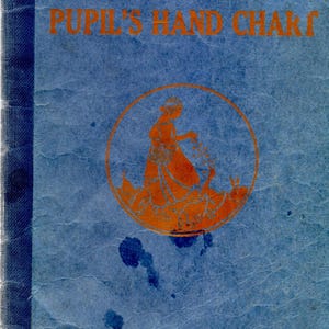 May include: The cover of a blue book titled "The Elson's Pupil's Hand Chart" with an orange illustration of a woman in a dress surrounded by animals. The book is published by Scott, Foresman and Company in Chicago, Atlanta, and New York.