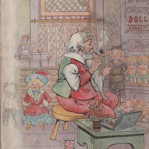 May include: A cartoon illustration of Santa Claus painting dolls in a toy store. The store is decorated for Christmas and has a sign that reads "St. Nick's Christmas Doll Department".