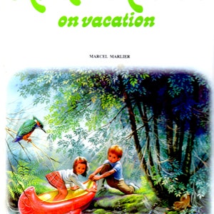 May include: A colorful illustration of two children, a girl and a boy, in a red canoe on a lake. The canoe is surrounded by green trees and a blue sky. The title of the illustration is "Mark and Michelle on vacation".