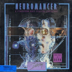 May include: A vintage video game box for "Neuromancer," a cyberpunk role-playing adventure. The cover features a pixelated, futuristic image in shades of blue, purple, and white. The game title is in large, stylized letters. Includes the text "Sound Track by DEVO."