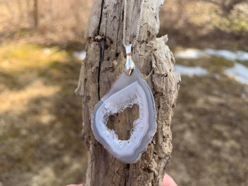 Agate geode rough cut pendant with silver bail