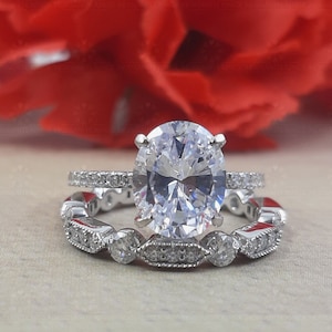 Oval Cut Moissanite Bridal Engagement Ring Set Women, Full Eternity Art Deco Wedding Band, Miligrain Stacking Band, 925 Silver Halo Ring Set