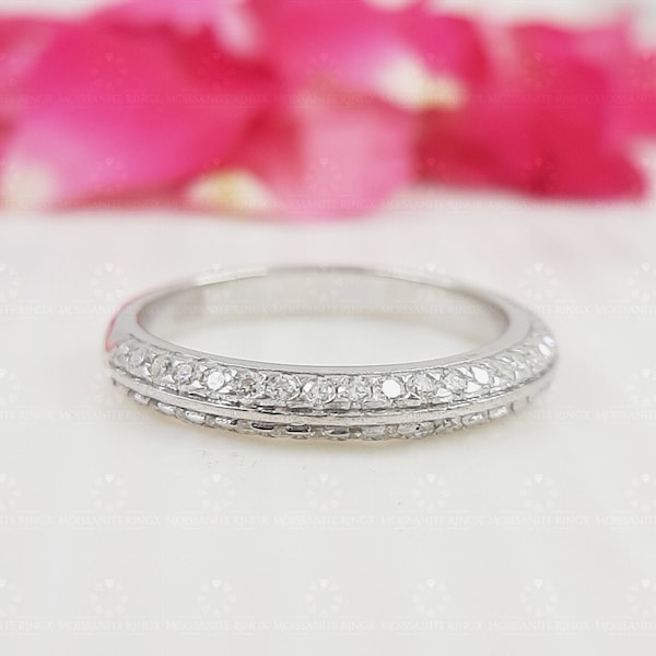 Knife Edge Wedding Band In Sterling Silver, Round Moissanite Double Row Half Eternity Band, Stacking rings ,Bridal jewelry, Anniversary Ring