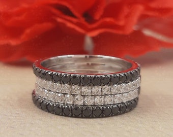 Black White Moissanite Eternity Wedding Band, Micro Pave Stacking Ring, 14K Gold Onyx Ring