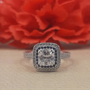 Cushion Moissanite Halo Engagement Ring, Micro Pave 925 Sterling Silver Ring Women, Round Cut Blue Sapphire  Diamond Simulant Halo Ring