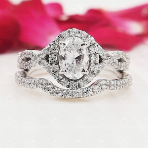 Oval Cut Halo Wedding Ring Set, Moissanite Twisted Ring Set with Half Eternity Matching Band, Sterling Silver Cz Ring Set, Rope Band Ring