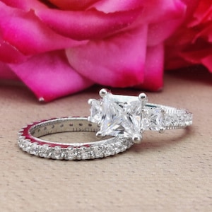 Princess Moissanite Wedding Ring Set, Two Piece Bridal Set Women In Silver, Eternity Stacking Band, Simulant Diamond 3 Stone Engagement Ring