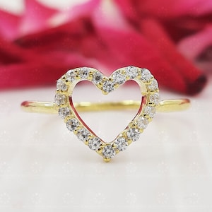 Open Heart Diamond Moissanite Ring, Minimalist Diamond Heart Stacking Ring, Love Ring for her , Cz Anniversary Gift Ring, Promise Ring
