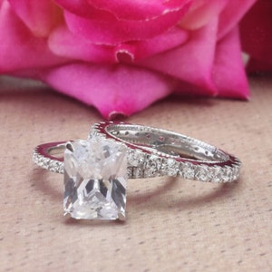 Radiant Cut Moissanite Wedding Ring Set, Two Piece Bridal Set, Full Eternity Stacking Band, Art Deco Miligrain Solitaire Engagement Ring Set