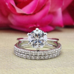 2 Carat Round Moissanite Bridal Ring Set, 3 Piece 925 Sterling Silver Wedding Set, Solitaire Engagement Ring with Full & Half Eternity Bands