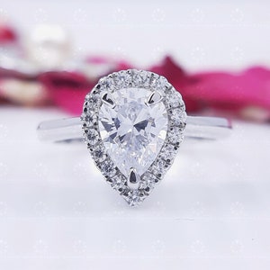 Pear Shaped Halo Moissanite Ring, 925 Sterling Silver Ring, Round Cut Bridal Jewelry, Classic Halo Engagement Ring, Anniversary Gift For Her