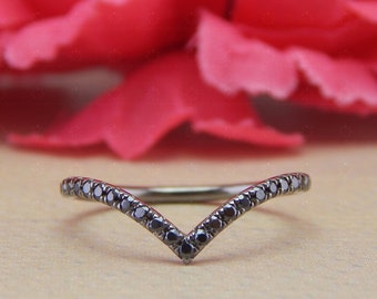 Black Moissanite Ring, Black Rhodium Ring, Black Round Diamond V Shape Chevron Ring, 925 Sterling Silver Contour Band Temporary wedding Ring