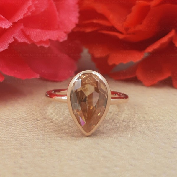 Pear Cut Morganite Ring Women, 14K Rose Gold Simulant Morganite Engagement Ring, Bezel Set Solitaire Ring, Anniversary Birthday Gift For Her