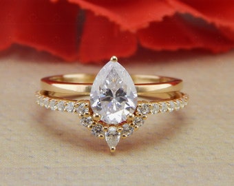 Pear Shape Moissanite Engagement Ring Set, Tiara Wedding Band Set, Two Piece Bridal Set, 14K Yellow Gold Ring Set, Curved Wedding Band Women