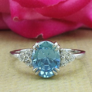 Oval Aquamarine Engagement Ring, Art Deco Vintage Aquamarine Diamond Ring For Women In Silver, March Birthstone Ring, Anniversary Gift